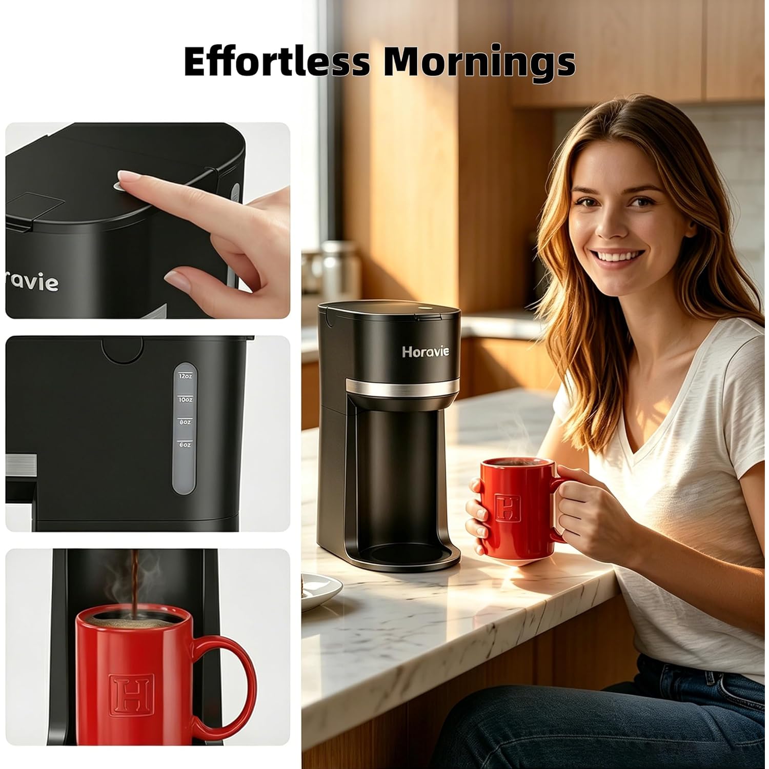 Horavie Small Single Serve Coffee Maker for K Cup and Grounds, Fast Brew One Cup Coffee Machine with One Button, 6 to 12 oz. Brew Sizes, Perfect for Home and Travel, Black