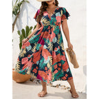 Floerns Women'S Plus Size Boho Hawaiian Tropical Dresses V Neck Short Sleeve Floral A Line Long Dress Vacation Beach Outfits