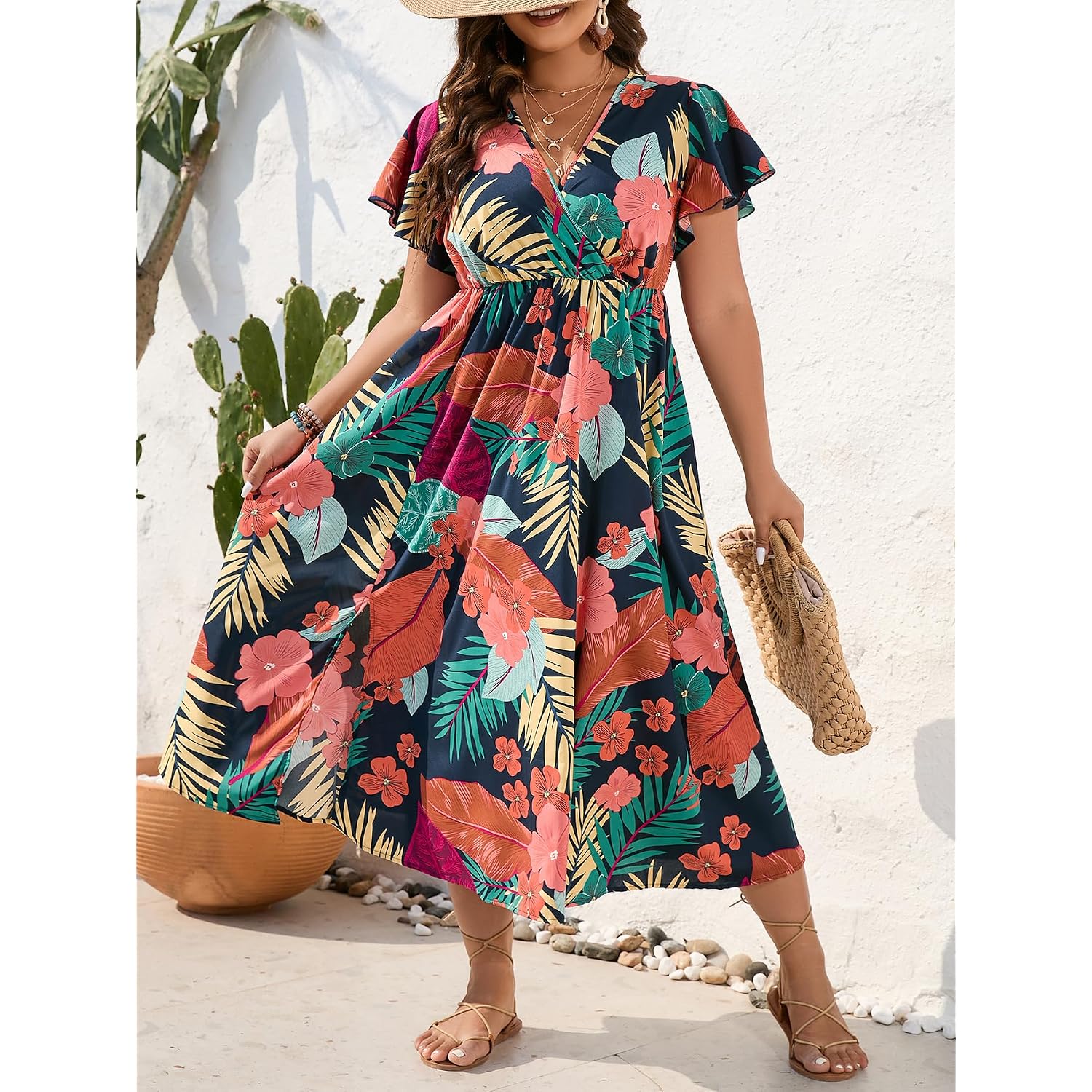 Floerns Women'S Plus Size Boho Hawaiian Tropical Dresses V Neck Short Sleeve Floral A Line Long Dress Vacation Beach Outfits