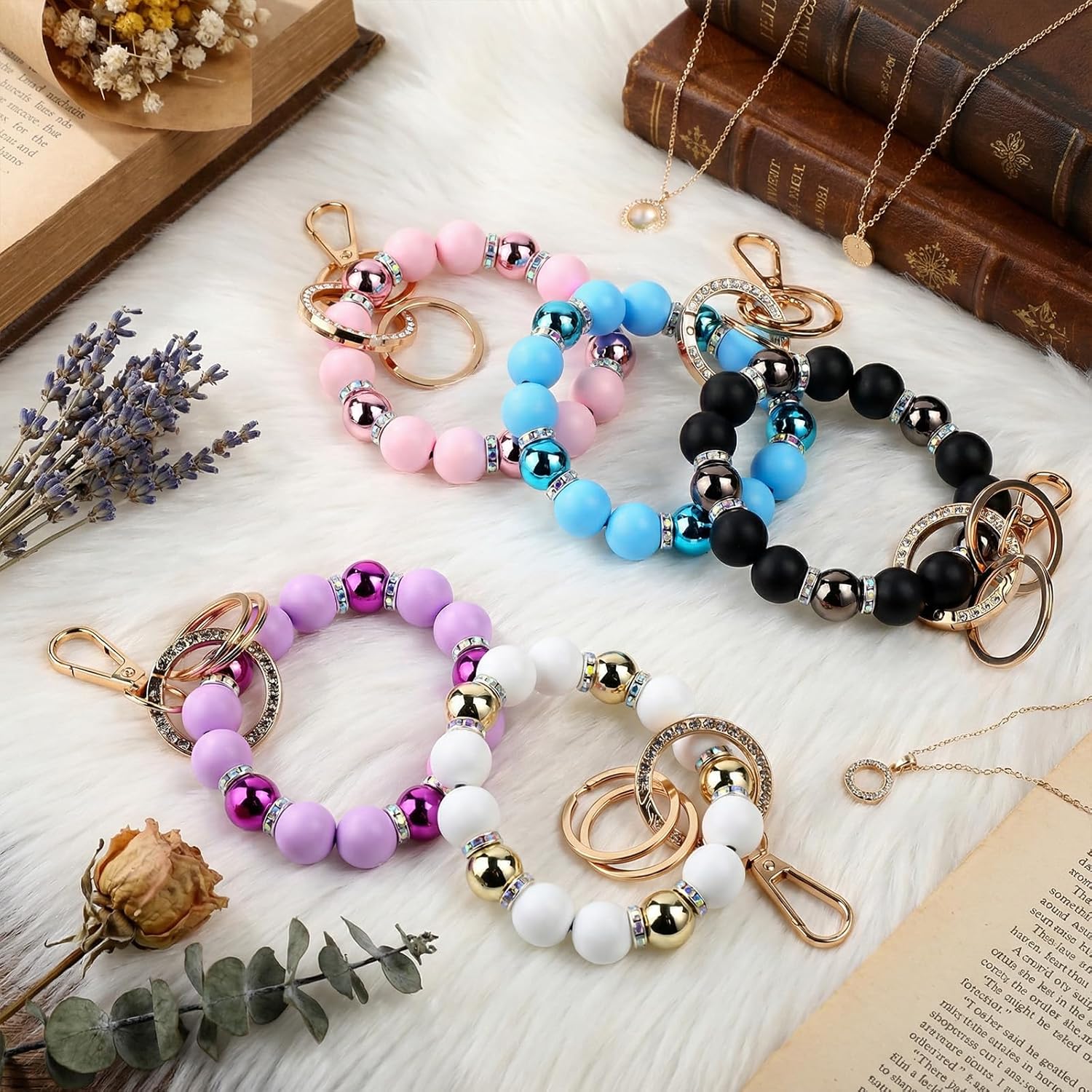 Wristlet Keychain for Women, Cute Silicone Beaded Key Ring Bracelet Elastic Key Holder for Car Keys Gift