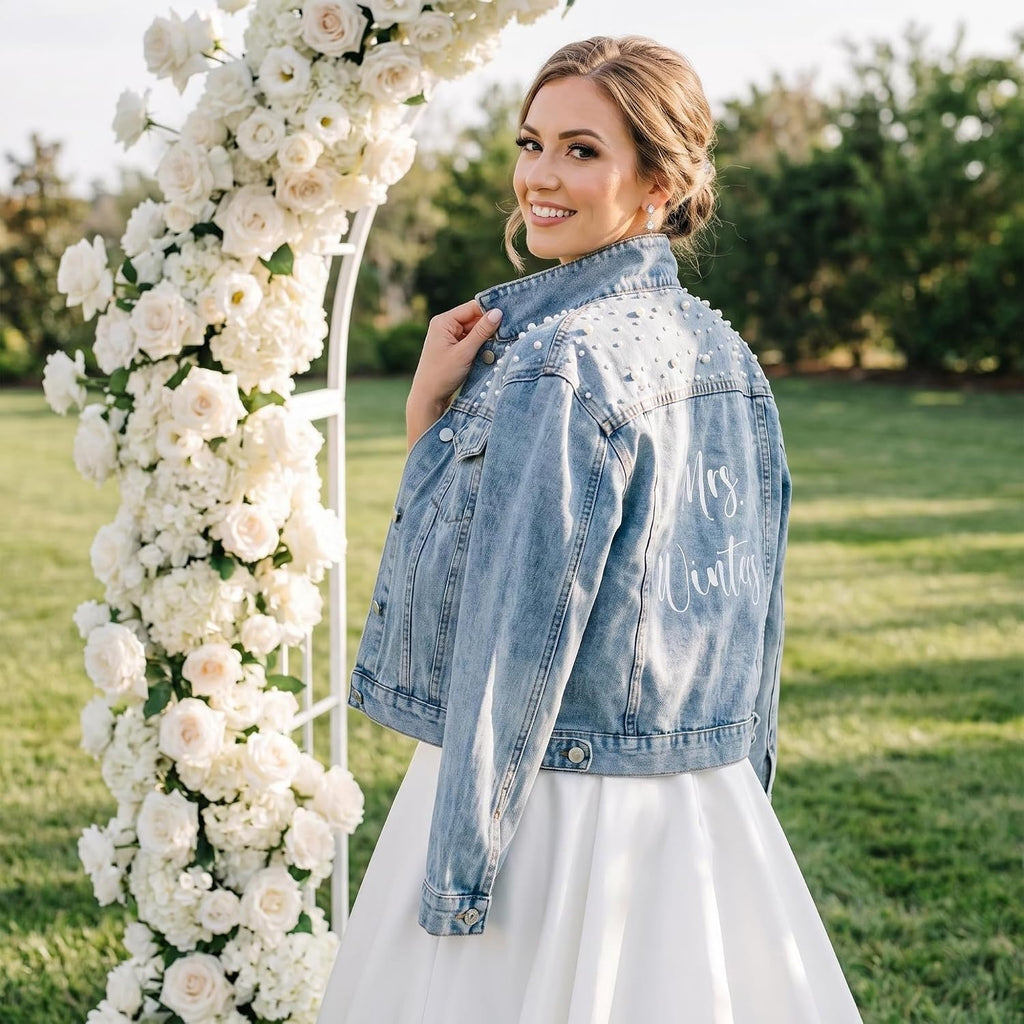 Custom Embroidered Bridal Denim Jacket, Women'S Pearl Denim Jacket With Name,Made Of Embroidery,Suitable For Bachelorette Party, Wedding,Honeymoon, Wedding Gift, Bridal Gift