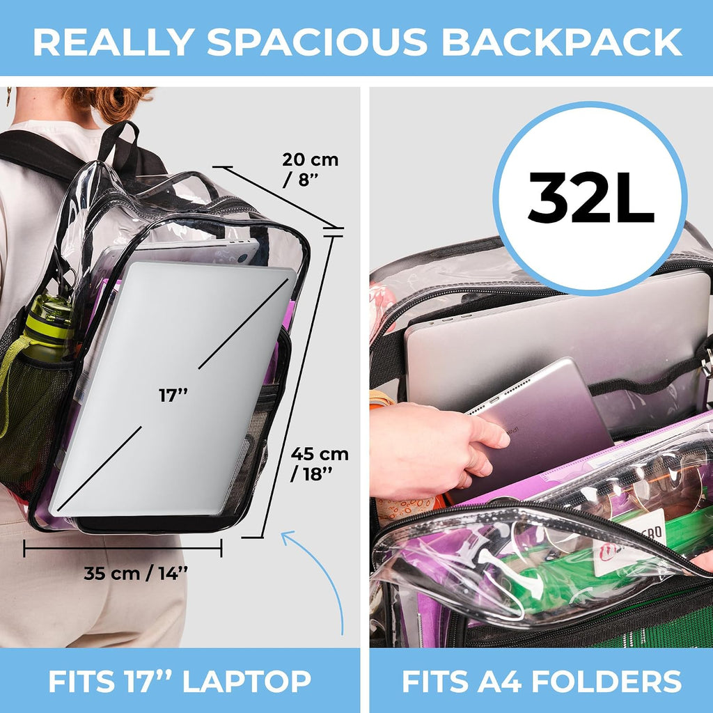 Clear Backpack Heavy Duty Xl - H18''Xw14''Xd8. Has Tsa Lock - Black | Pvc Transparent Backpack Has 2-Way Premium Zipper And Key Holder. Extra Large