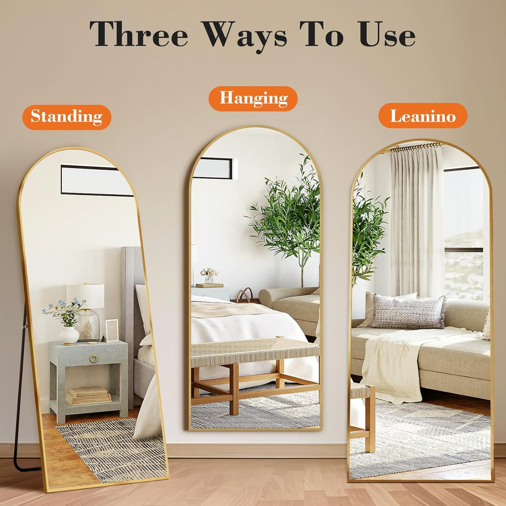 DUMOS 64"x21" Arched Full Length Floor Mirror, Full Body Mirror with Stand, Shatterproof Tempered Glass, Modern Aluminum Alloy Frame, Free Standing or Leaning for Home Decor, Gold