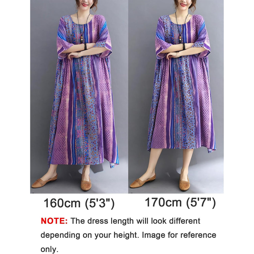 Women Summer Dress With Pockets Plus Size Boho Floral Print Round Neck Loose Casual Flowy Dress