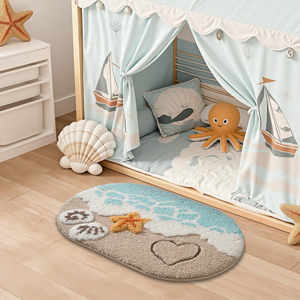 LUMI Soft and Absorbent Beach Bathroom Rug, Non-Slip Backing, Ideal for Bathroom, Kitchen and Entryway Decor, Sea Beach Starfish Shell Bath Decor, Blue, 22"x34"