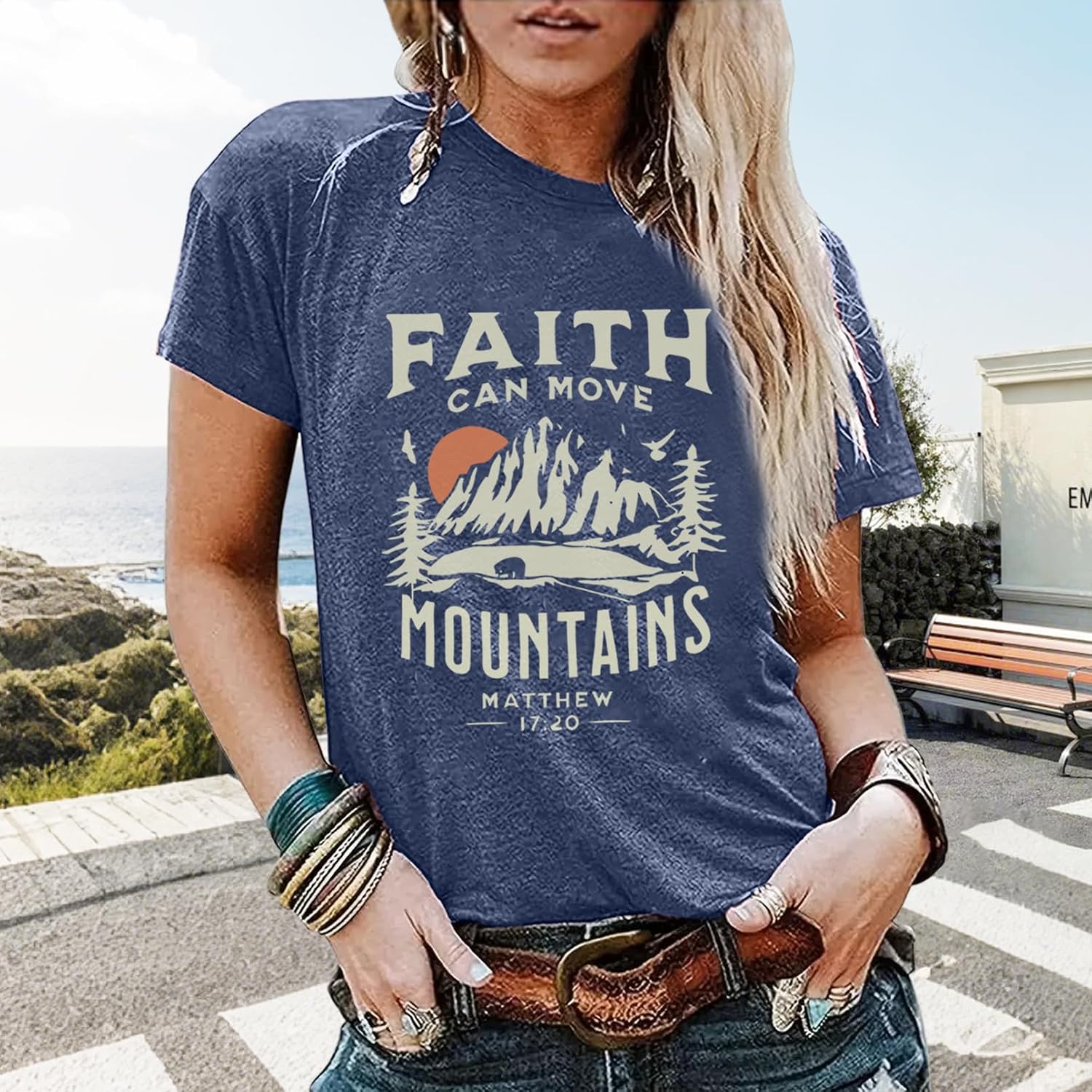 Women Graphic T-Shirts Cute Tees Summer Causal Tops Heather Navy