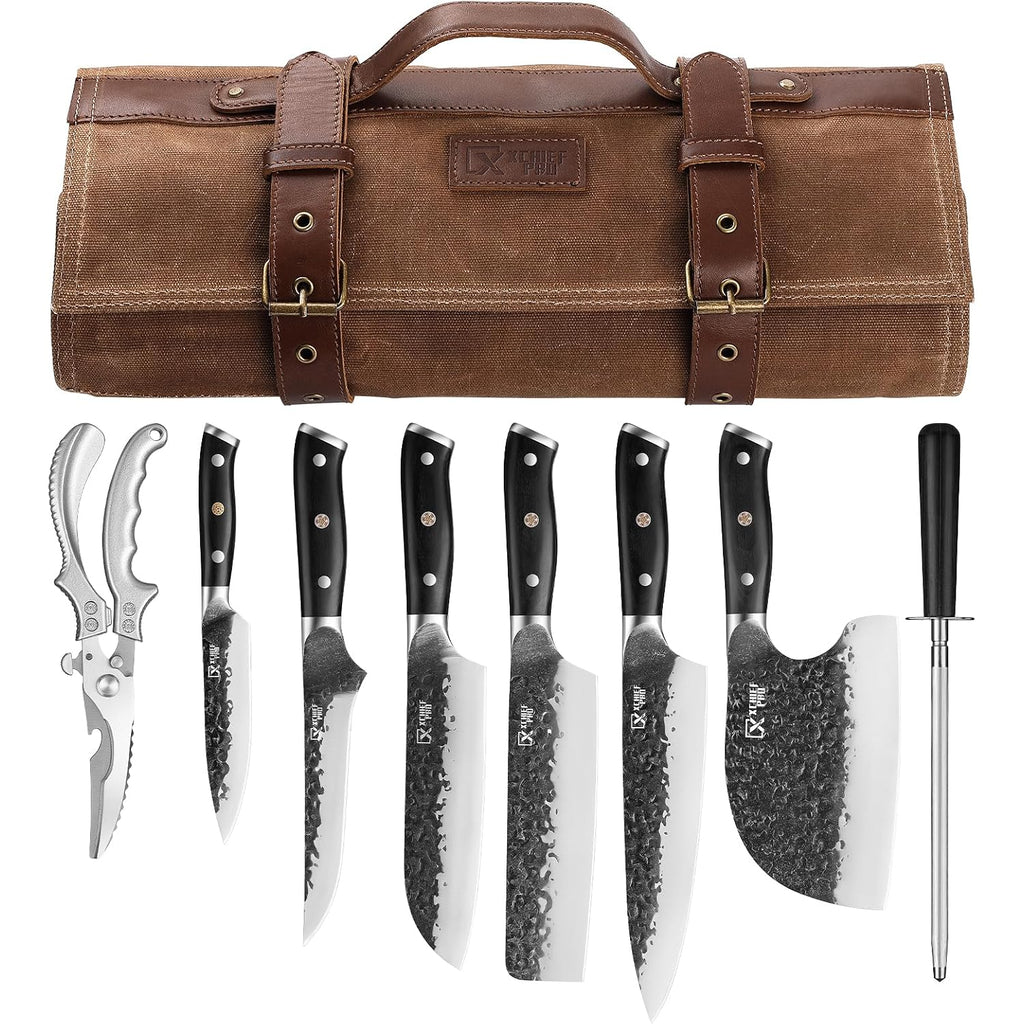 Chef Knife Set, Hand Forged Meat Boning Carving Cleaver Butcher Knife, High Carbon Steel Japan Nakiri Santoku Knife Set With Accessories For Kitchen, Bbq Camping Knives Set With Bag