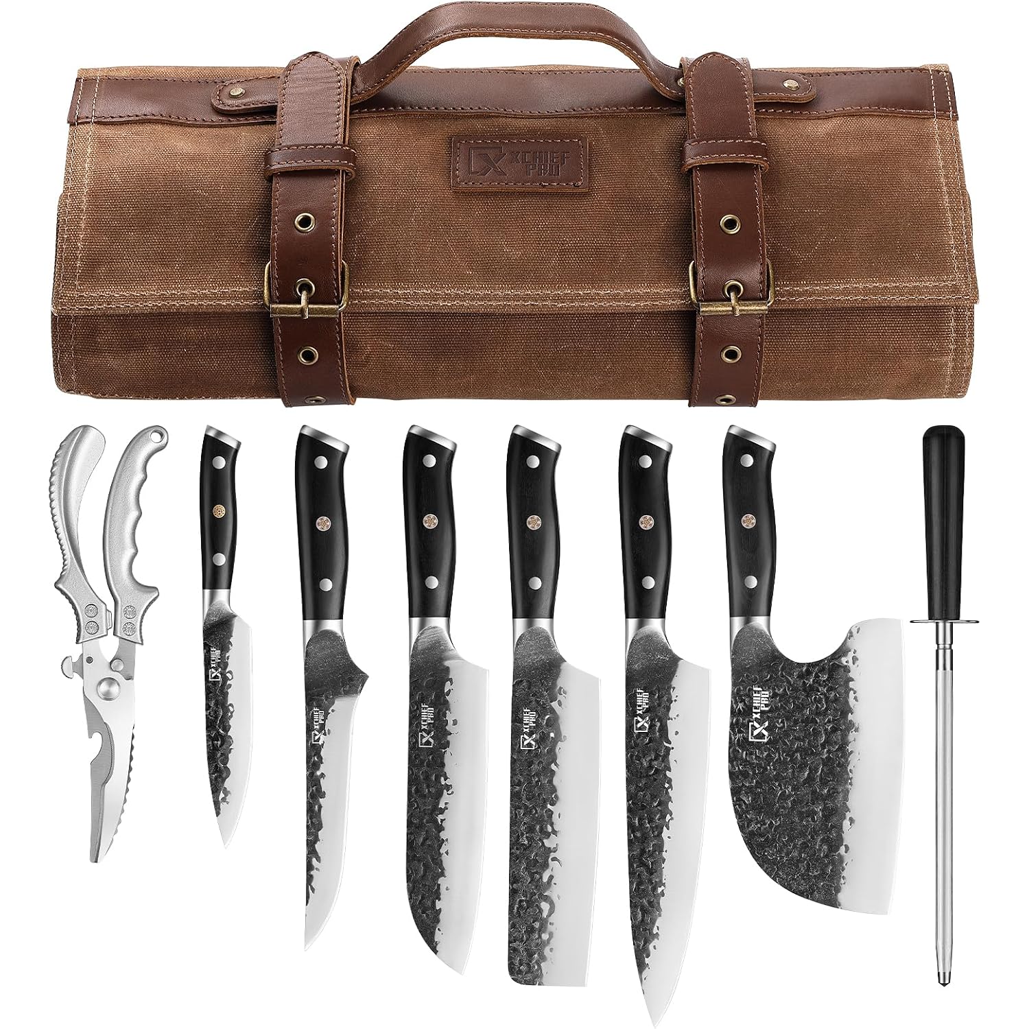 Chef Knife Set, Hand Forged Meat Boning Carving Cleaver Butcher Knife, High Carbon Steel Japan Nakiri Santoku Knife Set With Accessories For Kitchen, Bbq Camping Knives Set With Bag