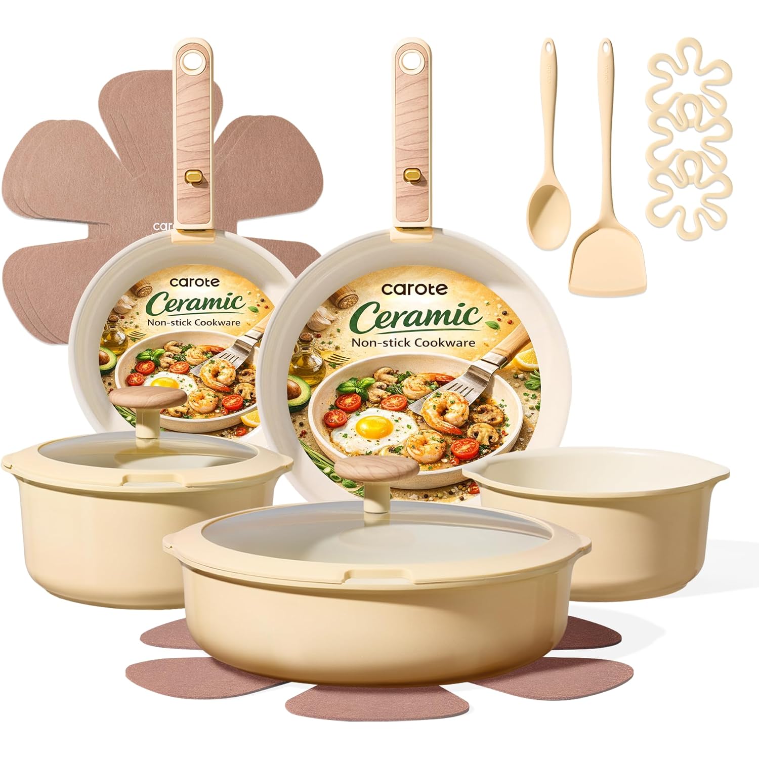 CAROTE 18 Pcs Ceramic Cookware Set Detachable Handle, Non Toxic Pots and Pans Set Non Stick, Induction Kitchen Cookware Removable Handles, Oven Safe, Stackable RV/Camping Cooking Set, Yellow