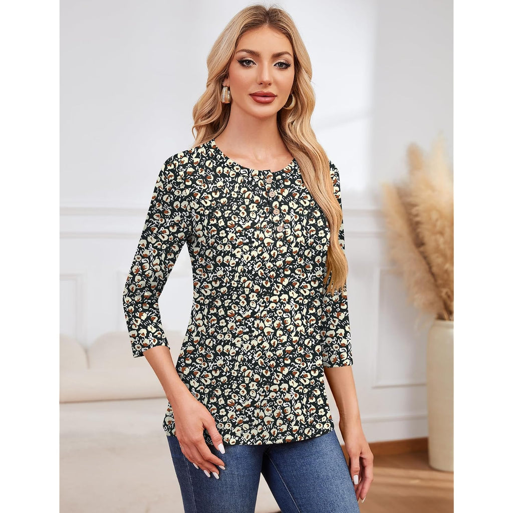 Lomon 3/4 Length Sleeve Womens Tops Casual Crewneck Pullover Tunics Summer Cute Blouses Fashion 2026