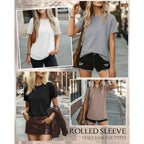 Ficerd 4 Pack Women's Cotton T Shirts Casual Short Sleeve Tunic Tops Crewneck Plain Summer Loose Fit Rolled Sleeve Basic Tee