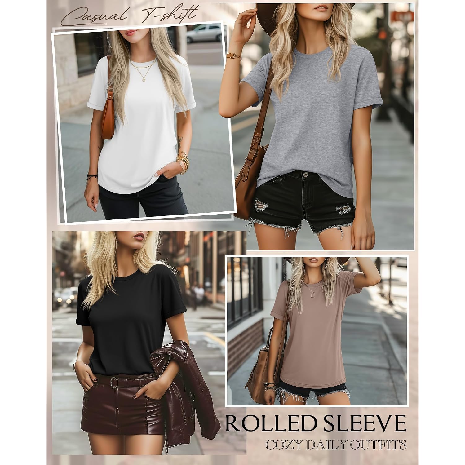 Ficerd 4 Pack Women's Cotton T Shirts Casual Short Sleeve Tunic Tops Crewneck Plain Summer Loose Fit Rolled Sleeve Basic Tee