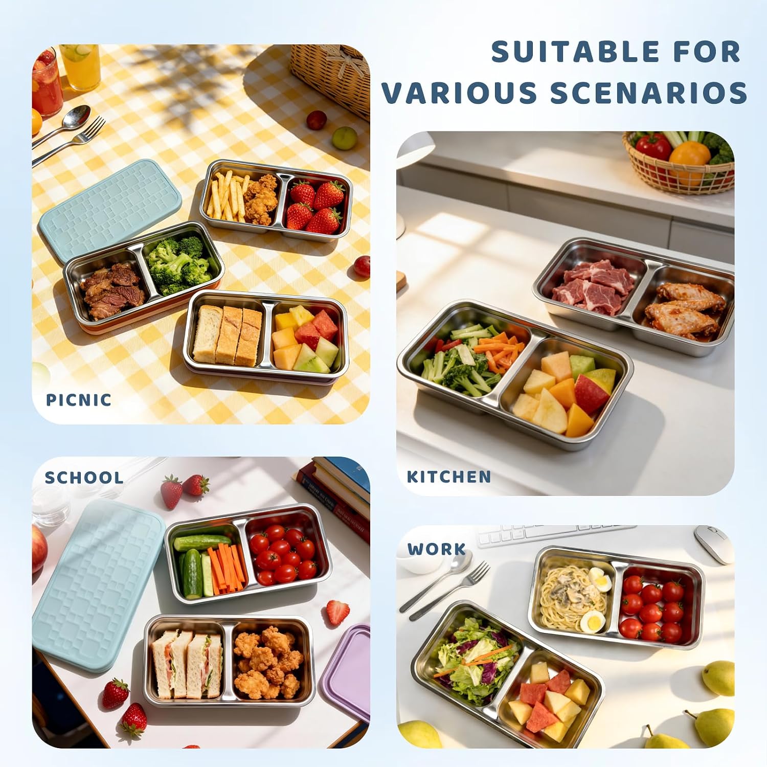 3 Pack Stainless Steel Snack Containers For Kids, Reusable Snack Containers With Silicone Lids, 2 Compartment Toddler Snack Containers For Daycare, School Lunch And Travel, 15 Oz
