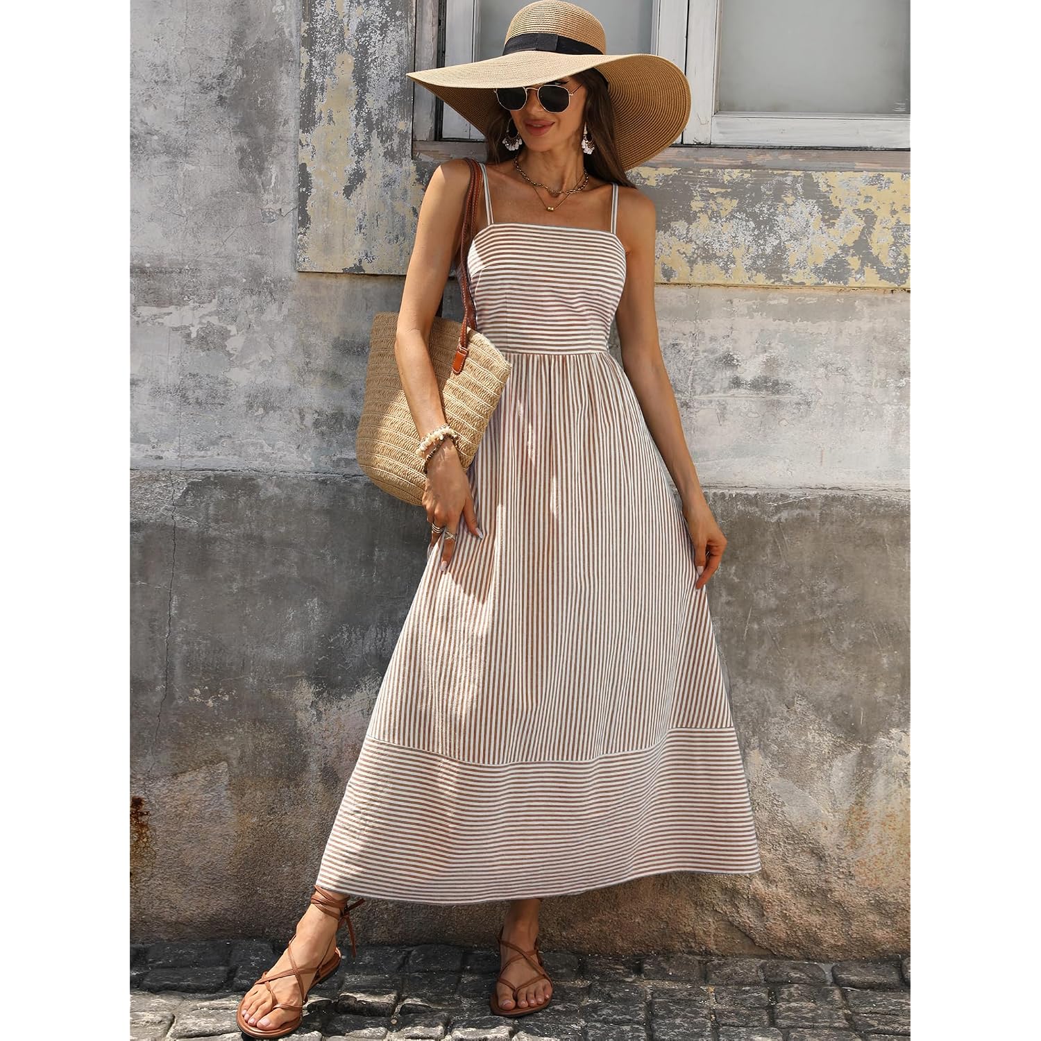 Caracilia Womens Maxi Dresses Gingham Spaghetti Strap Back Smocked Flowy Long Sundress Summer Beach Vacation Clothes 2026
