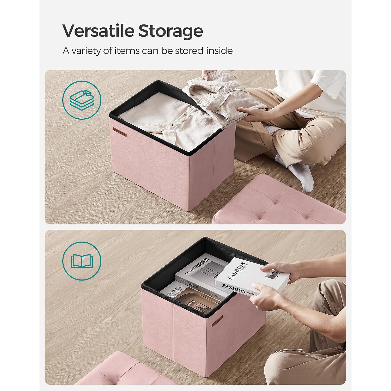 Songmics Small Folding Storage Ottoman, Jelly Pink | Foot Rest Stool, 12.2 X 16.1 Inches, 286 Lb Capacity, Bedroom, Dorm, Ulsf200R01