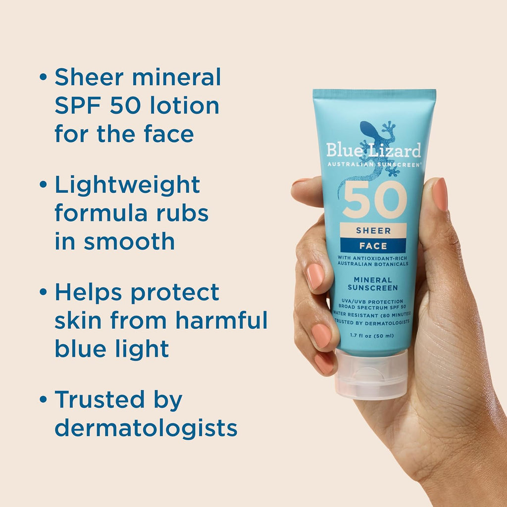 Blue Lizard Sheer Face Mineral Spf 50 Sunscreen Lotion, 100% Mineral Formula, Blue Light Protection, Lightweight, Rubs In Smooth, Nourishes And Hydrates, Paraben-Free, Fragrance-Free, 1.7 Fl Oz
