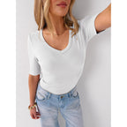 Anrabess Womens Half Sleeve Tops V Neck Ribbed Knit Slim Fit Basic T Shirts 2026 Summer Casual Tees Spring Trendy Clothes