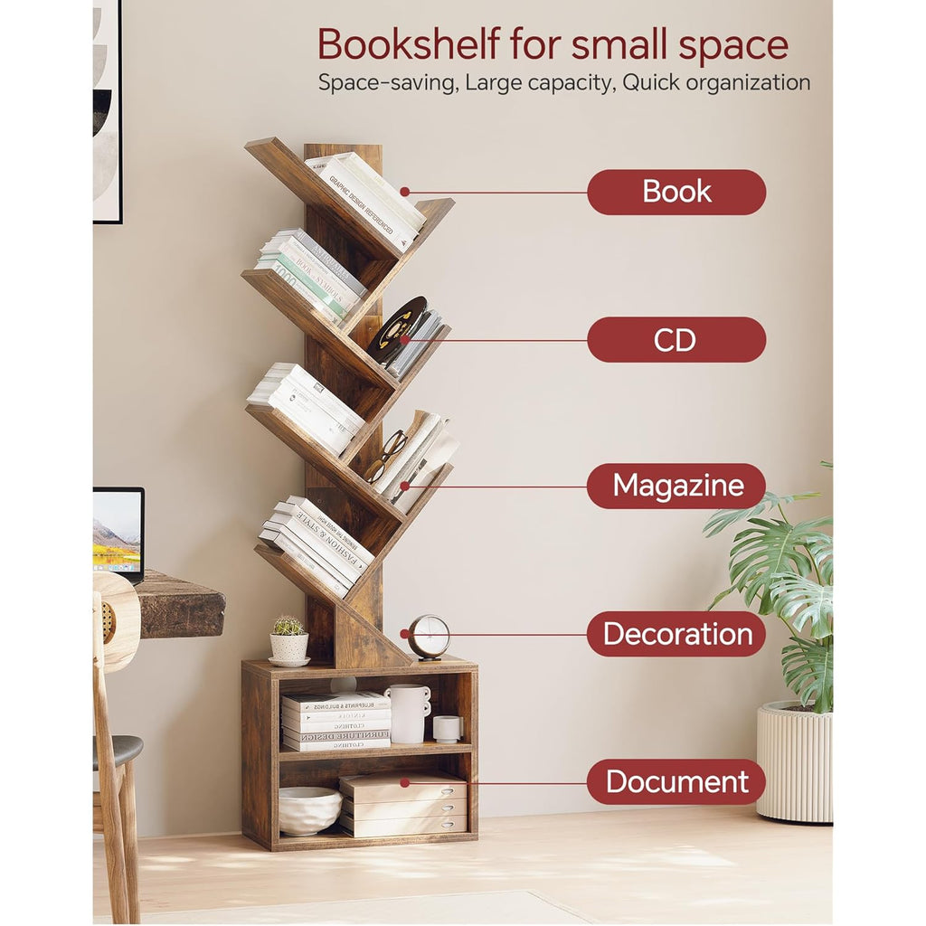 SUNMORY 6 Tier Tree Bookshelf, Small Bookcase with Storage Cabinet, Modern Tall Narrow Bookshelves Organizer, Floor Standing Book Shelf for Bedroom/Living Room/Home Office/Corner, Rustic Brown