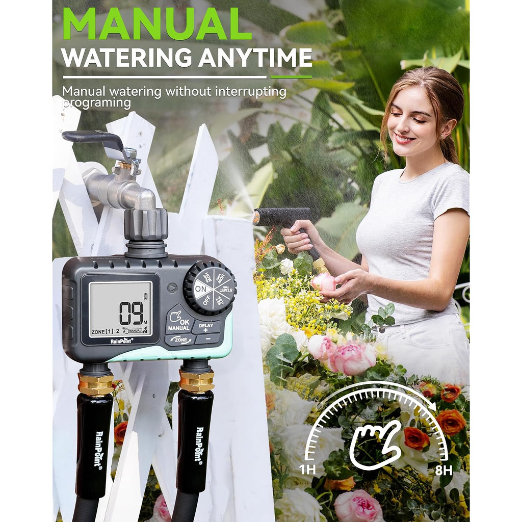 Rainpoint Water Timer For Garden Hose - 2 Zone Sprinkler Timer With Rain Delay/Manual Watering/Automatic Irrigation For Yard Lawn