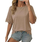 Dokotoo Womens Summer Tops 2026 Oversized Short Sleeve Shirts Casual Loose Lace Patchwork Tshirt Fashion Outfits