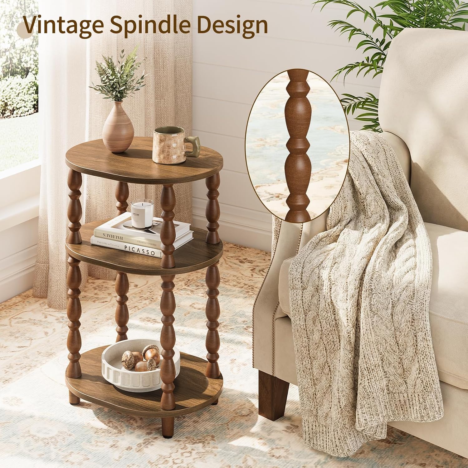 Yoobure 3-Tier Small Side Table - Oval End Table With Vintage Spindle Legs, Accent Night Stand With Storage Shelf For Narrow Spaces, Wood Nightstand Bedside Table For Living Room, Bedroom, Walnut