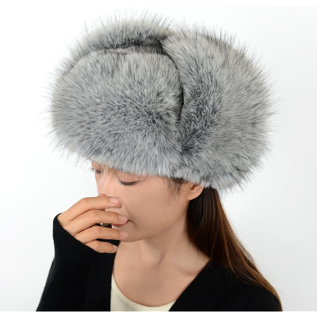 Faux Fur Russian Hat,Furry Warm Winter Trapper Hat with Earmuffs for Men and Women