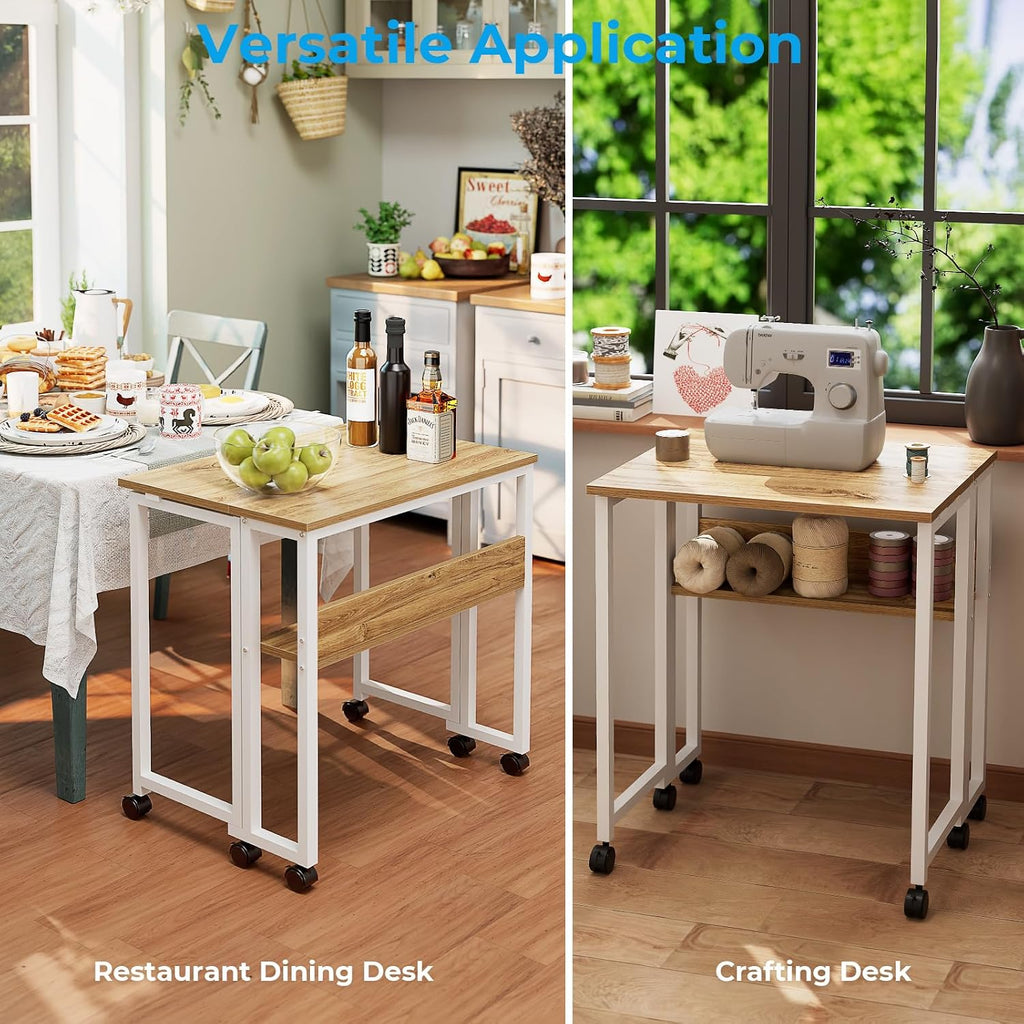 Greenforest Folding Desk With Wheels, 24.8" Rolling Table For Small Spaces | Storage Shelf, Lockable Casters, Compact Portable Workstation, Space-Saving Foldable Sofa Table, Home Office, Mobile, Oak
