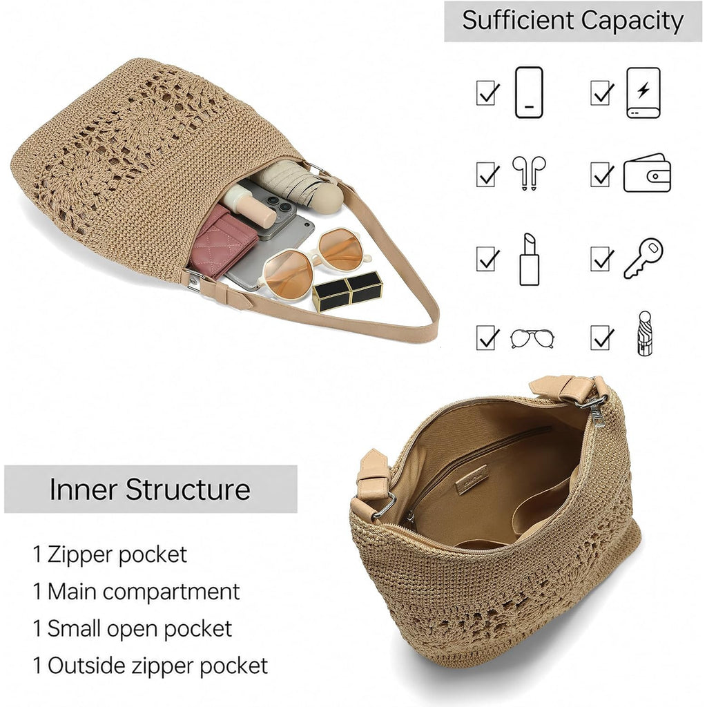 Crochet Hobo Bags For Women Woven Lightweight Boho Shoulder Purse And Handbags With Leather Strap Khaki