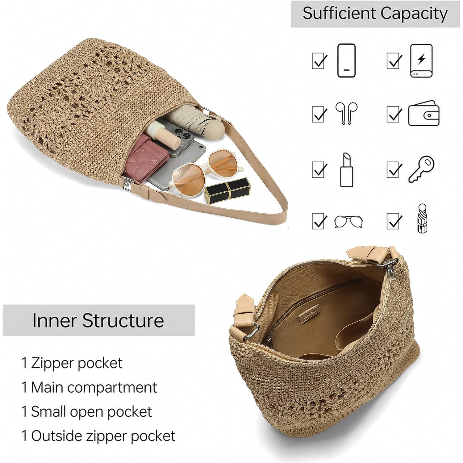 Crochet Hobo Bags For Women Woven Lightweight Boho Shoulder Purse And Handbags With Leather Strap Khaki