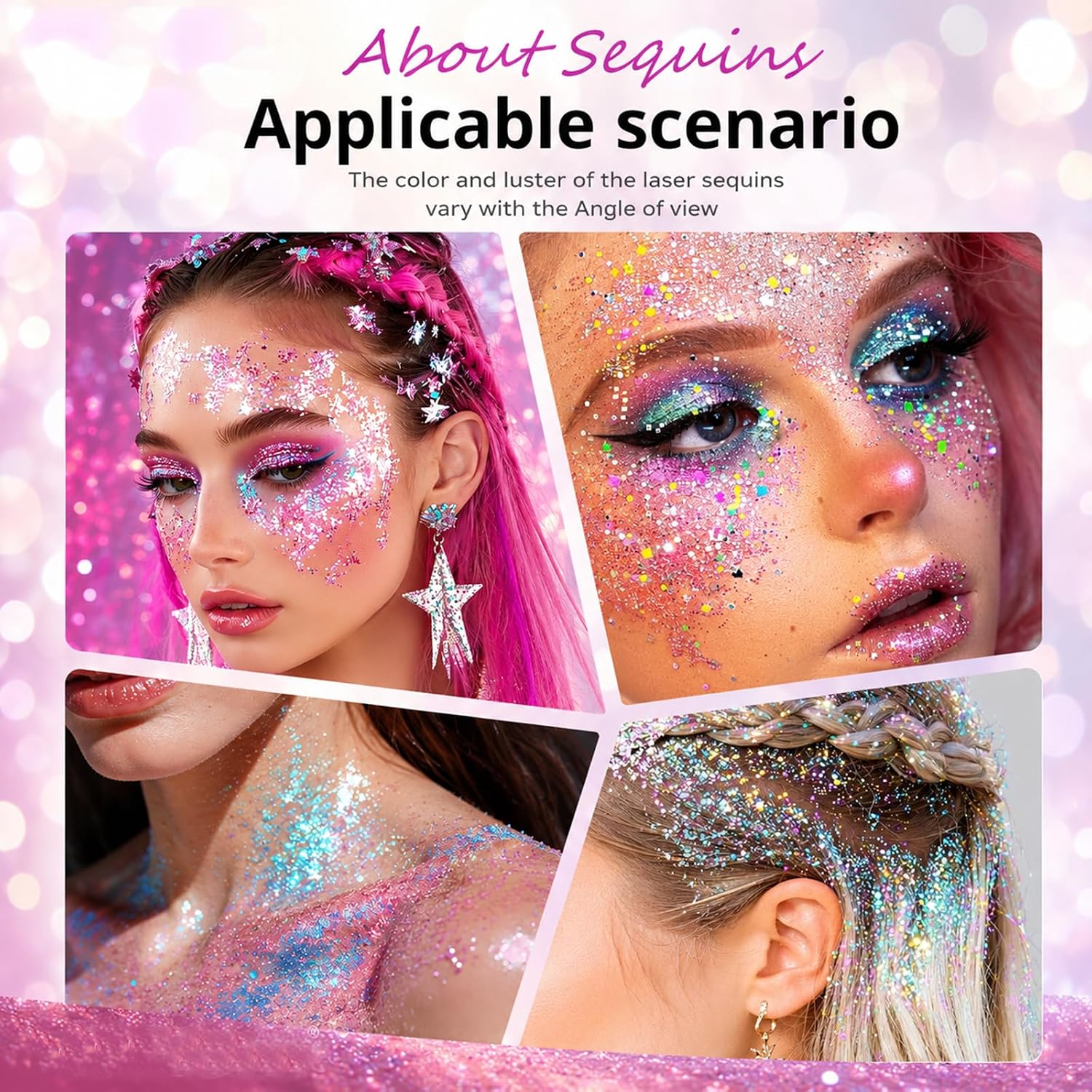 Pink Body Glitter Stick,Sparkling Face Hair Glitter Makeup For Women,Waterproof Hair Glitter,Holographic Mermaid Sequins Face Paint Gel Kit For Carnival Singer Concert Festival Rave Outfit Accessories
