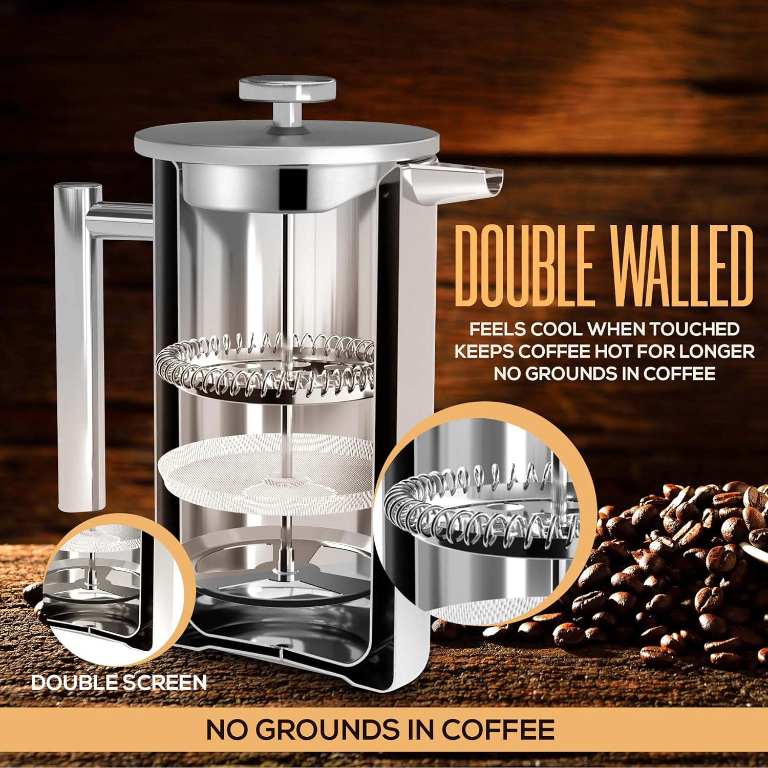 Utopia Kitchen 304 Grade Stainless Steel French Press Coffee Maker 34 Oz, Double Wall Insulated Coffee Press with 4-Level Filtration System, Include 2 Extra Filters, Rust-Free, Dishwasher Safe, Silver