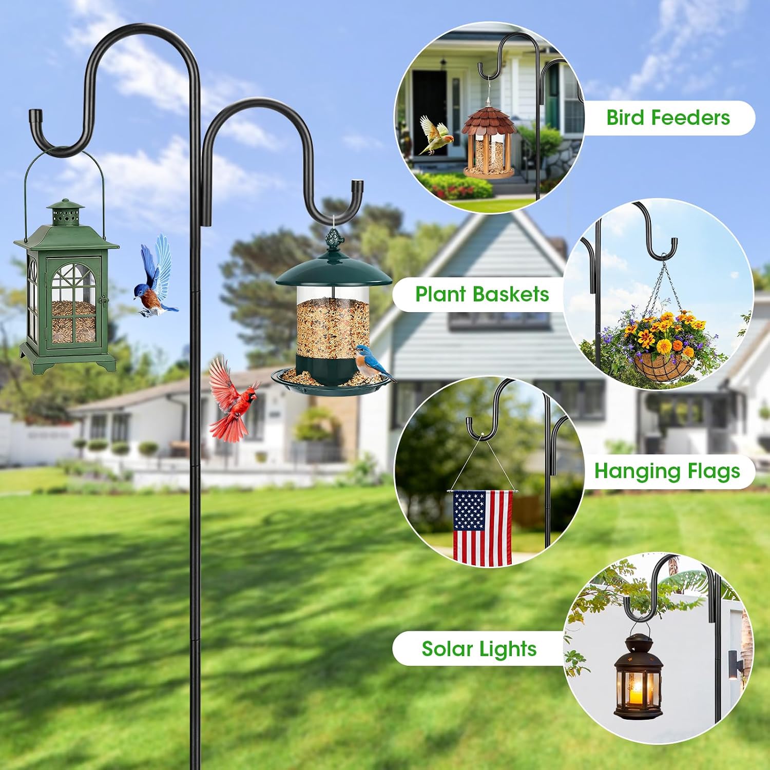79 Inch Double Shepherds Hooks For Outdoor, Heavy Duty Bird Feeder Pole With 5 Prongs Base For Hanging Lantern, Hummingbird Feeder, Lightweight Plant, Shepherds Hook For Bird Feeders For Outside