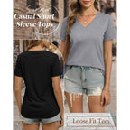 3 Pack Women's V Neck T Shirts, Summer Casual Short Sleeve Tops Loose Fit Rolled Sleeve Tees Trendy Shirts