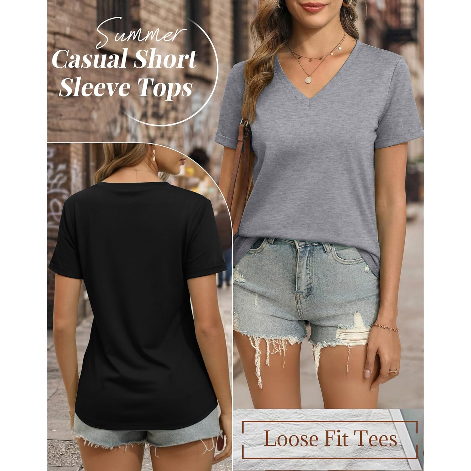 3 Pack Women's V Neck T Shirts, Summer Casual Short Sleeve Tops Loose Fit Rolled Sleeve Tees Trendy Shirts