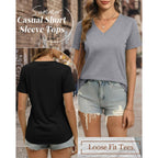 Ficerd 3 Pack Women's V Neck T Shirts, Summer Casual Short Sleeve Tops Loose Fit Rolled Sleeve Tees Trendy Shirts