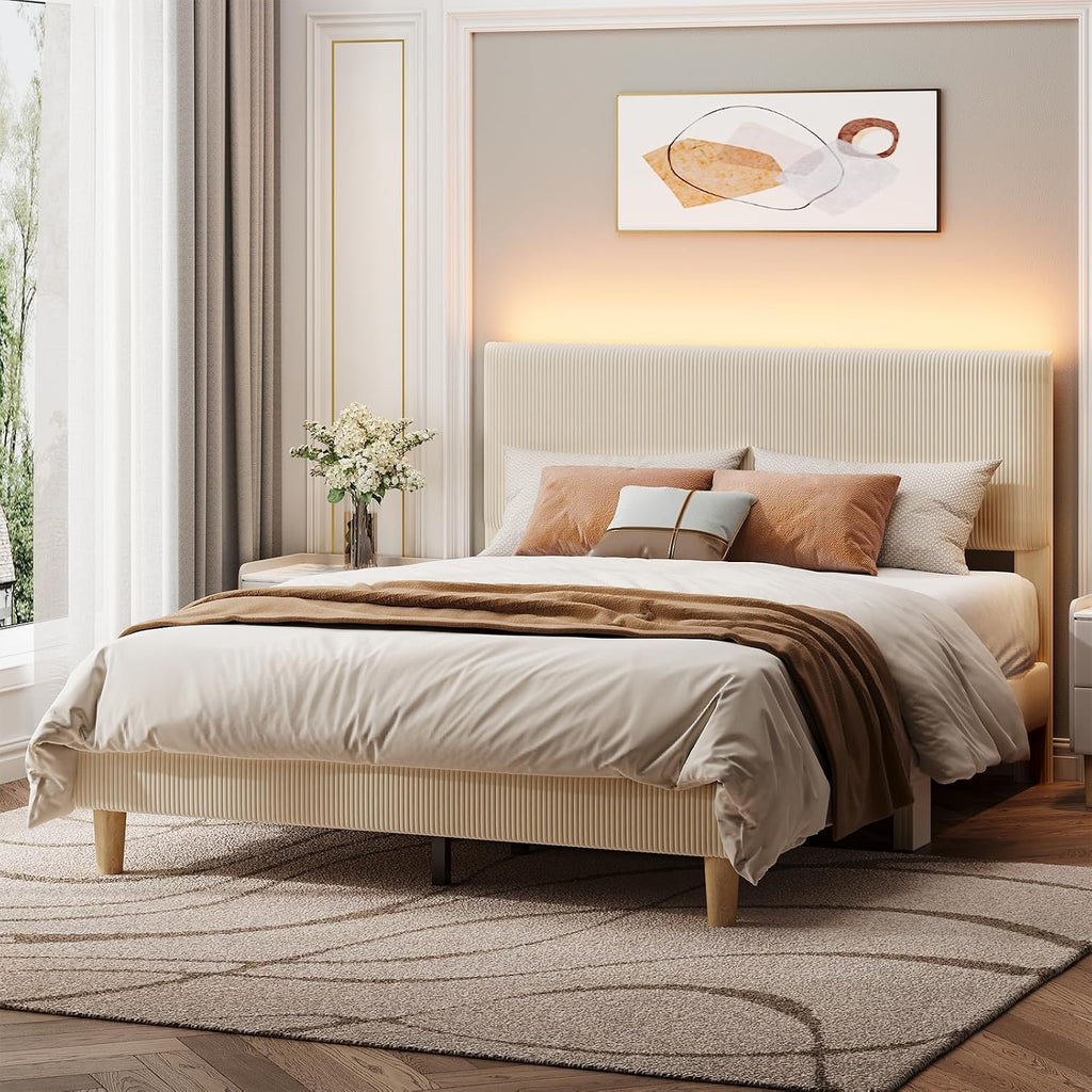 Bestier Queen Bed Frame With Headboard Led Lighting,Upholstered,Beige