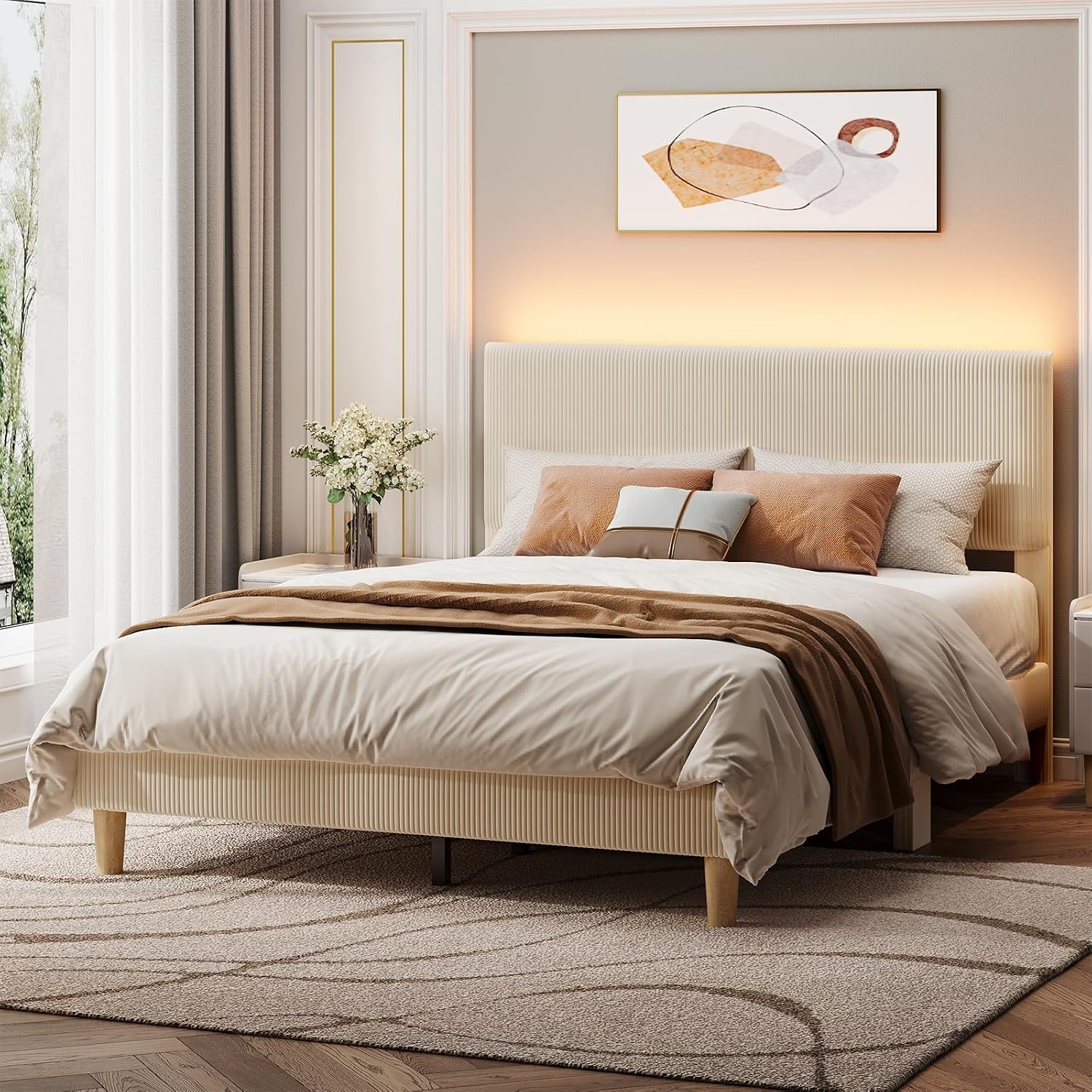 Bestier Queen Bed Frame With Headboard Led Lighting,Upholstered,Beige