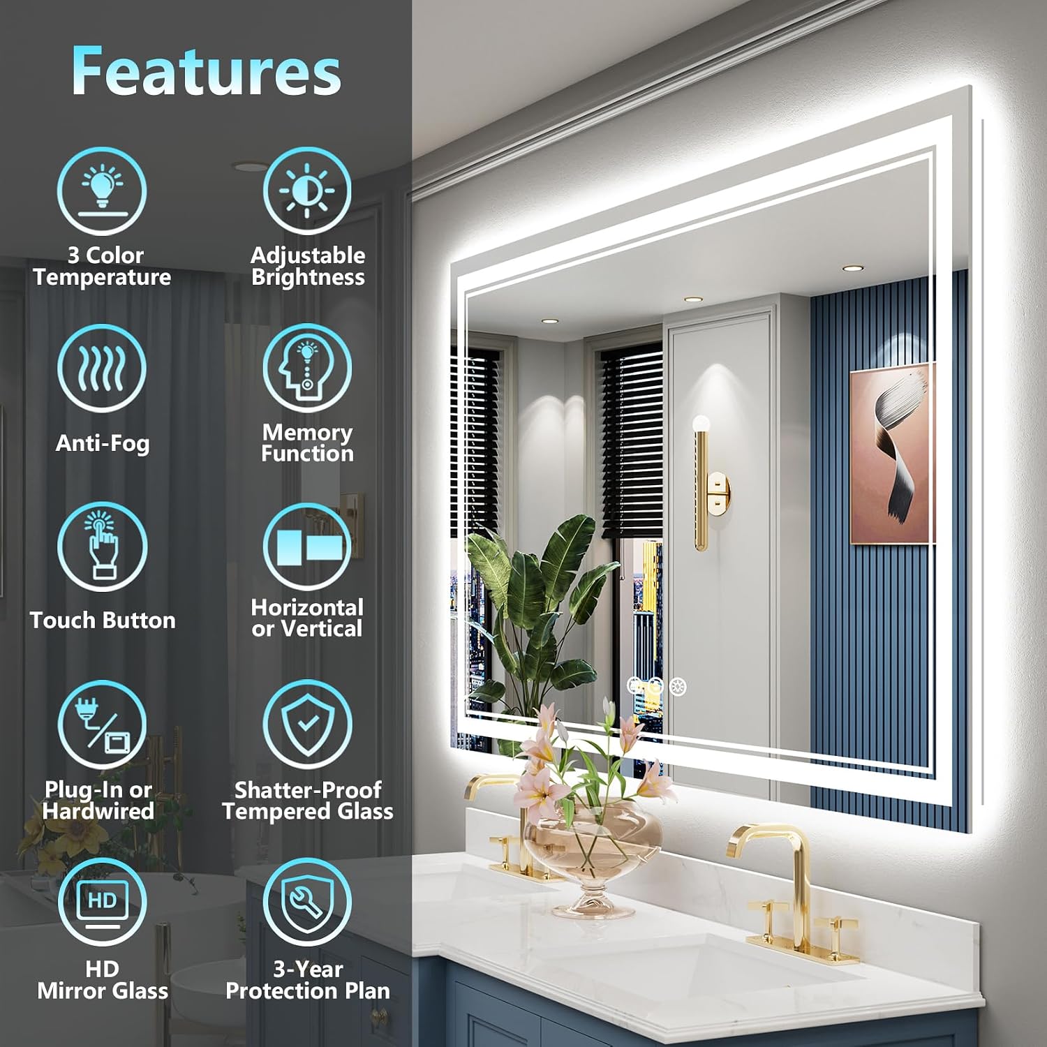 60X40 Led Bathroom Mirror With Lights, Backlit And Front Lit Anti-Fog Lighted Vanity Mirrors For Bathroom Wall, Dimmable, 3-Color Light, Memory, Shatter-Proof, Hd Tempered Glass, Cri＞90
