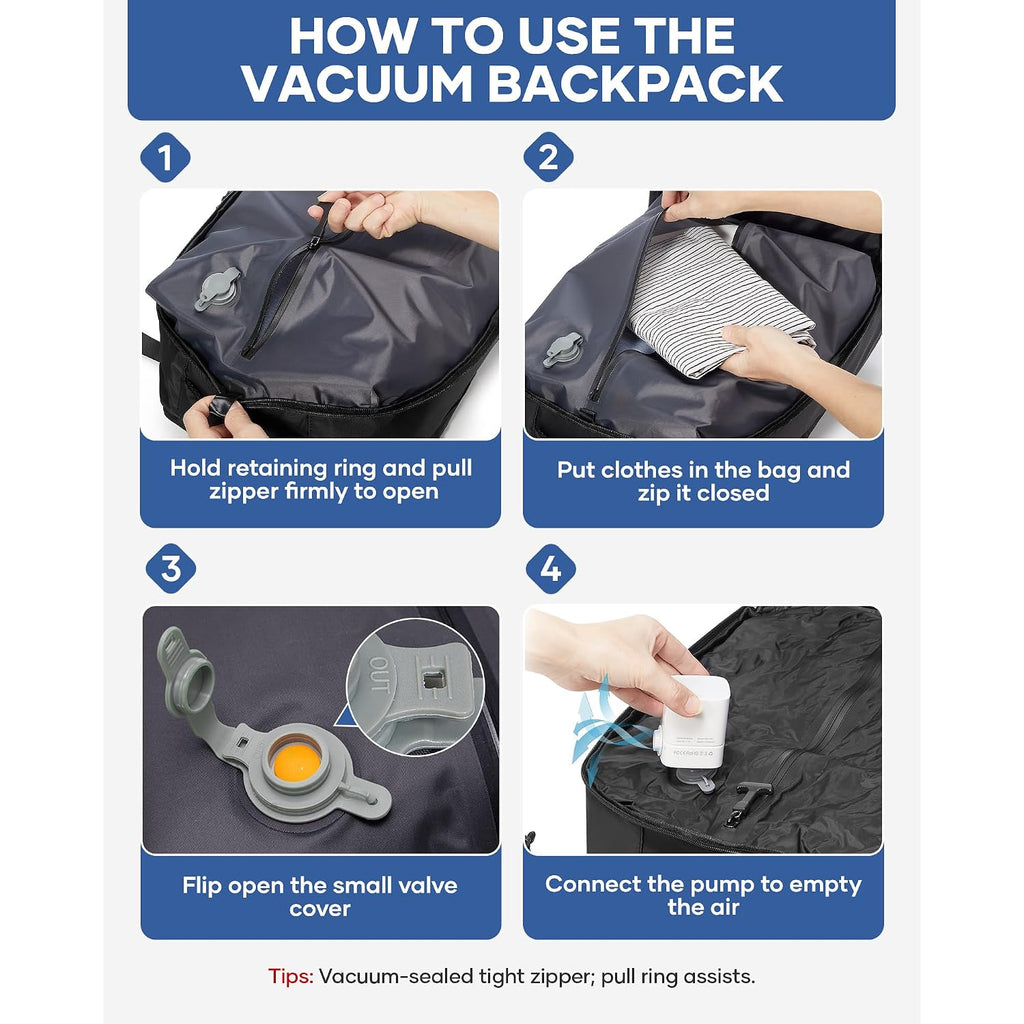 Vacuum Backpack Travel With Pump,Large Travel Backpack With Vacuum System,Mochila Compresion Al Vacio,Flight Approved 18X14X8,Waterproof Carry On Personal Item Laptop Backpacks,Black