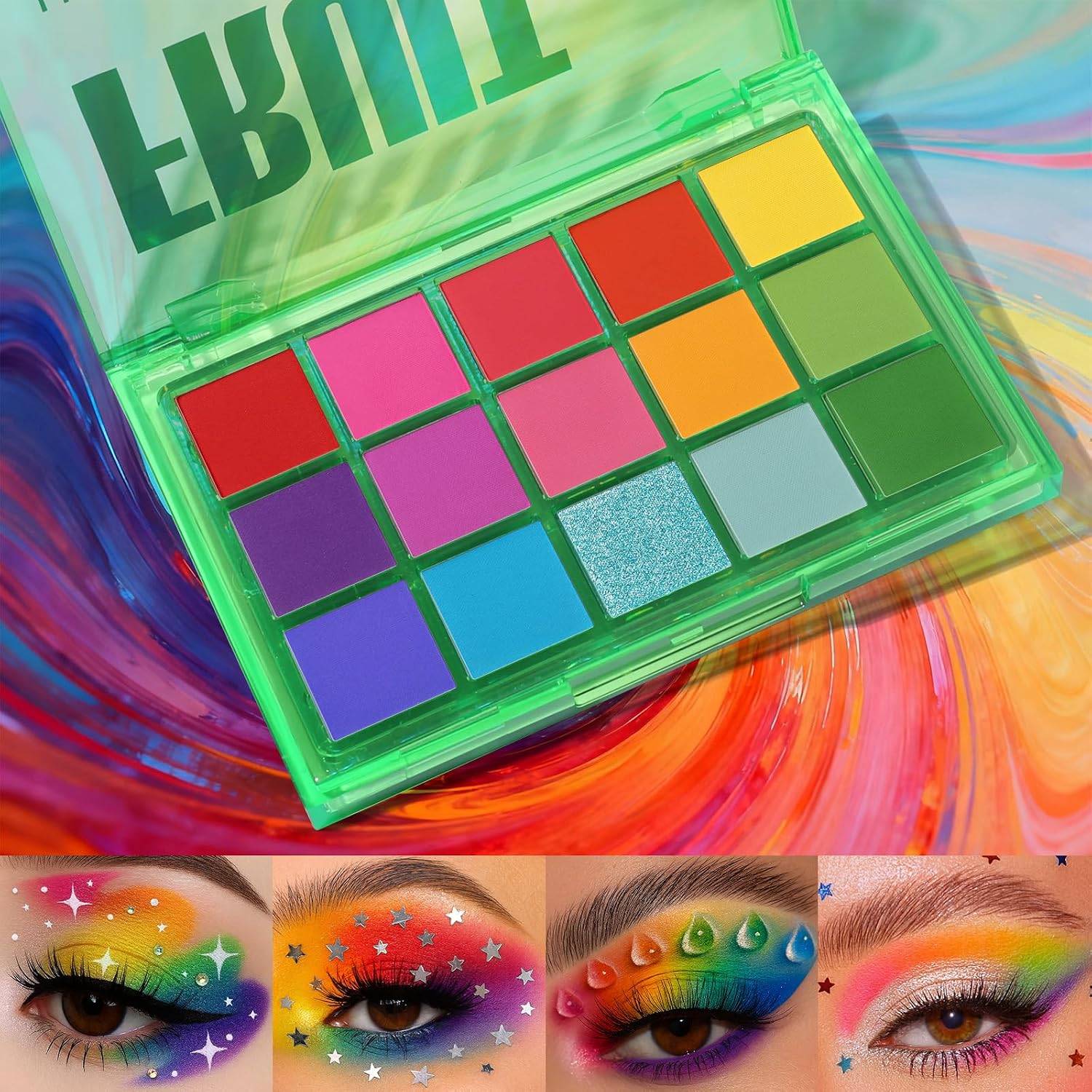 Ucanbe Bright Colorful Neon Rainbow Makeup Eyeshadow Palette 15 Shades Green Purple Yellow Make Up Pallets Kit Vibrant Shimmer Matte Pigmented Blendable - Fruit Punch
