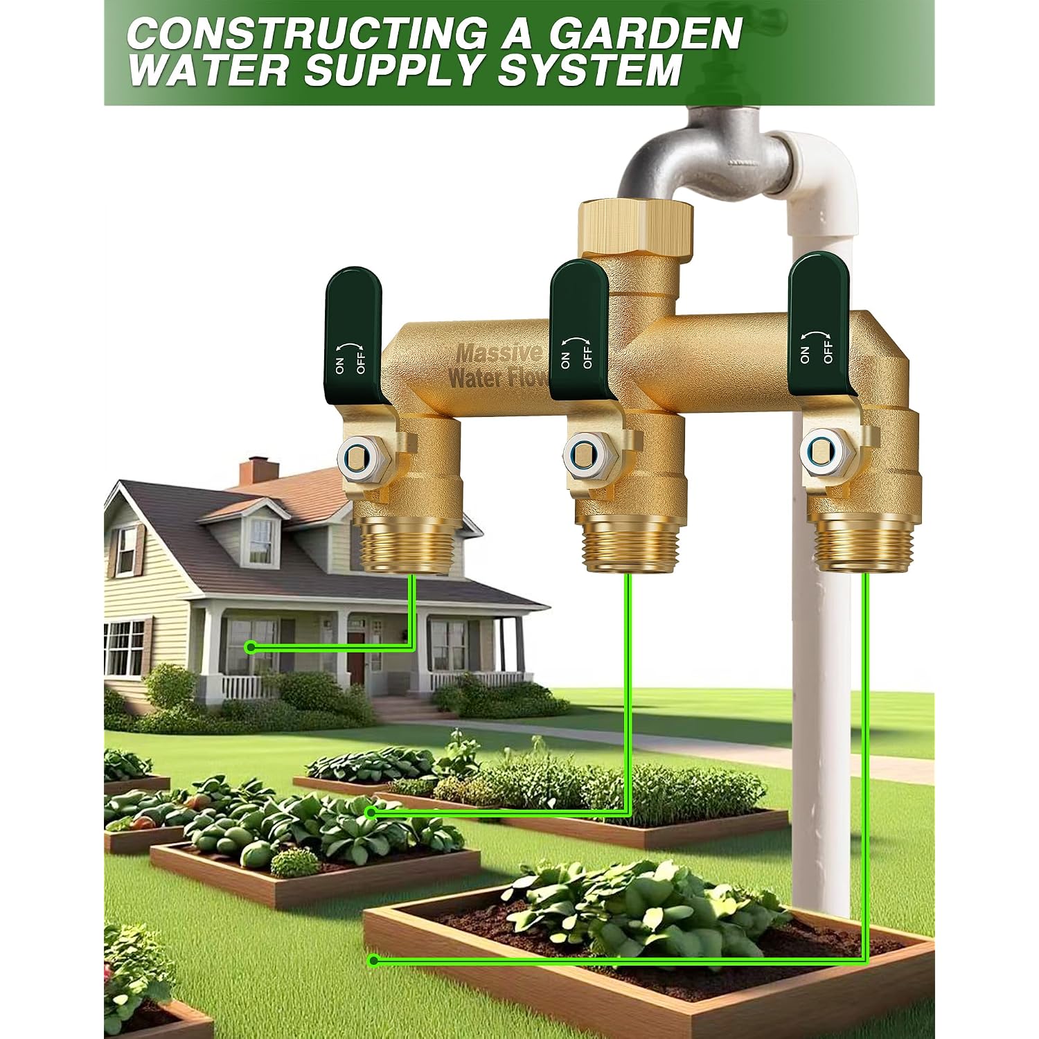 3 Way Hose Splitter, Heavy Duty Full Flow Garden Water Hose Bib Spigot Splitter, Brass Rust And Freeze Resistant Outdoor Faucet Splitter, T Adapter Connector With 3/4 - Inch Ght Thread （Green）