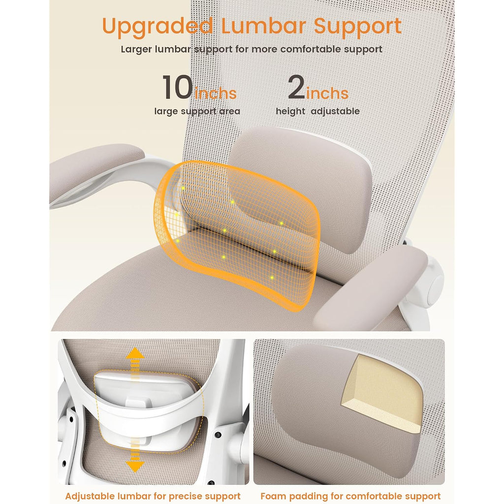 Office Chair, Ergonomic Desk Chair With Adjustable Lumbar Support And Flip Up Armrest, Breathable Mesh Computer Chair For Home Office, Khaki