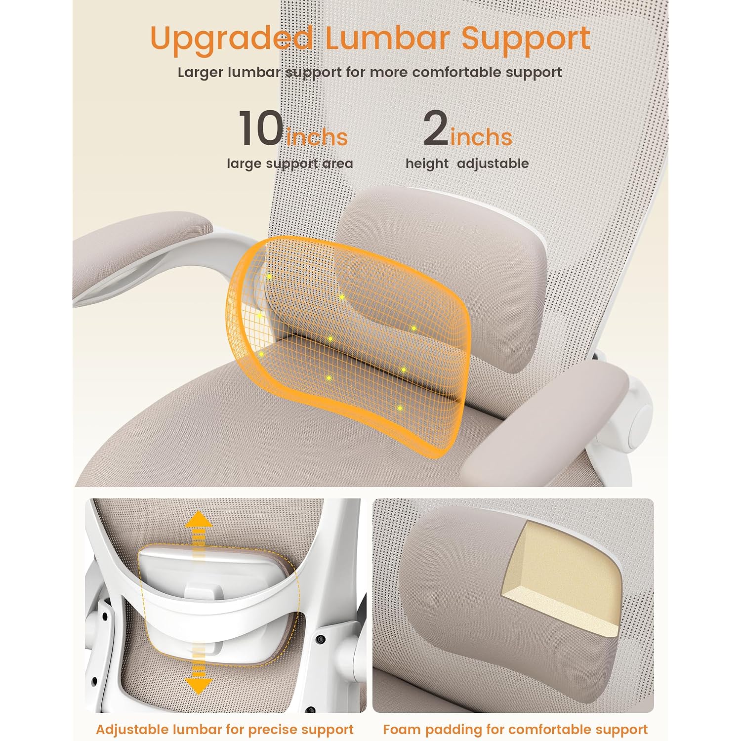 Office Chair, Ergonomic Desk Chair With Adjustable Lumbar Support And Flip Up Armrest, Breathable Mesh Computer Chair For Home Office, Khaki