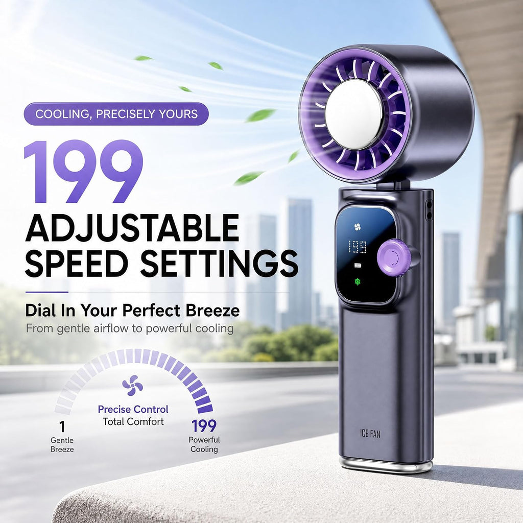 Portable Handheld Fan With Ice Cooling, Personal Rechargeable Fan 20000Rpm,199-Speed Mini Neck Fan With 4000Mah Battery Powered Up To 15Hrs With Led Display For Travel, Camping & Outdoor, Purple