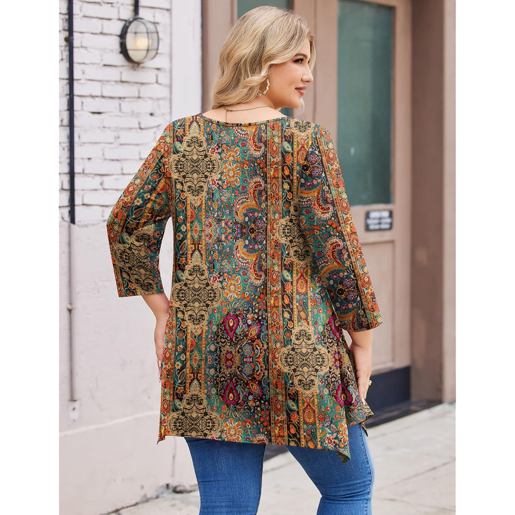 IN'VOLAND Plus Size Tops for Women 3/4 Sleeve Shirts Tunic Tops to Wear with Leggings Loose Fit Summer Fall Clothes