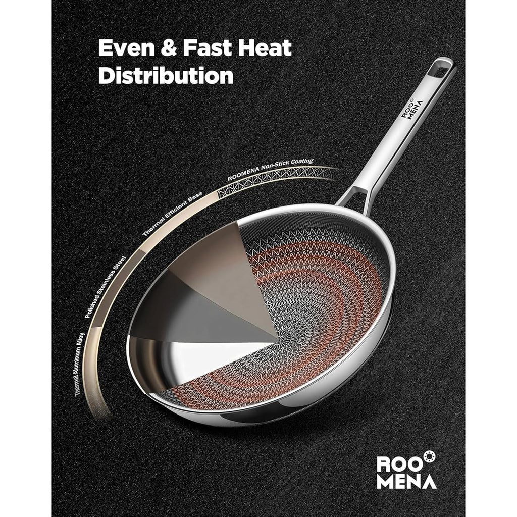Frying Pans Non Stick, Hybrid Ceramic With Lid, 12 Inch Tri-Ply Stainless Steel Skillet, Non-Toxic, PFAS/PFOA/PTFE Free, Metal Utensil Safe, Dishwasher & Oven Safe