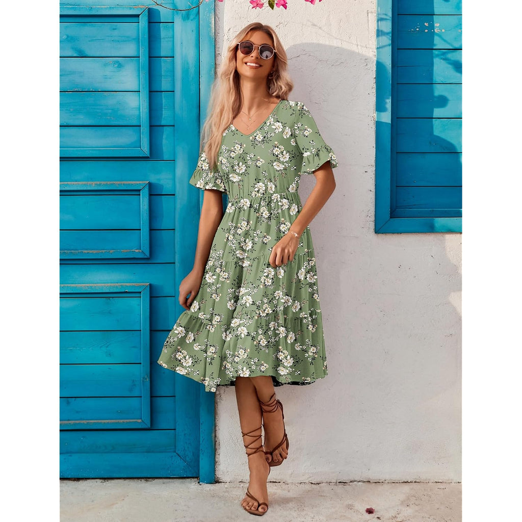 Zeagoo Women'S Summer Dresses Midi Tiered Casual Dress Floral V Neck Ruffle Short Sleeve Flowy Beach Dress With Pockets