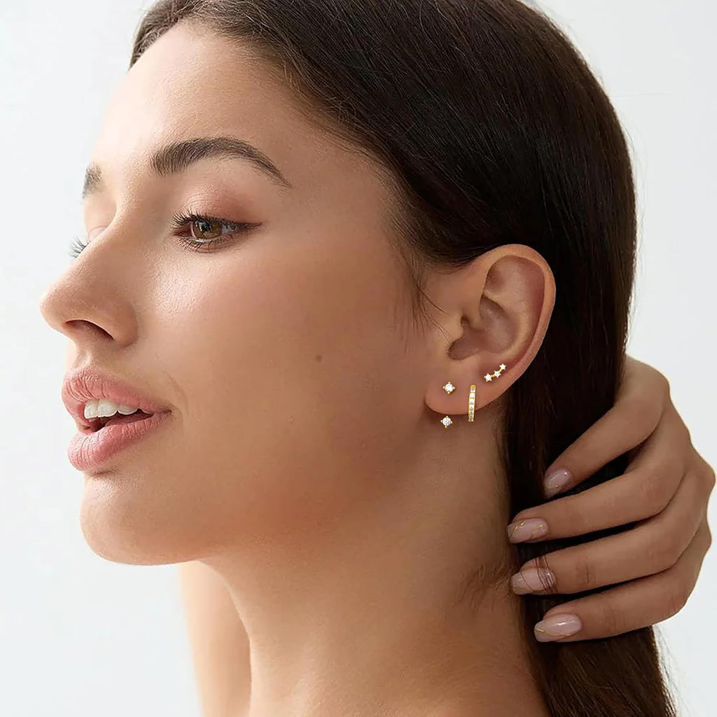 3 Pairs Dainty Small Earrings for Women Trendy, Birthstone Stud Huggie Hoop Jacket Stack for Cartilage Helix, Gold Plated Hypoallergenic Cute Women Fashion Accessories Western Jewelry Gifts