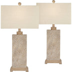 Caldwell 26 3/4" Tall Table Lamps Set Of 2 Hammered Base Farmhouse Rustic | Faux Wood Earth Bedroom Living Room House Home Bedside Nightstand Office Family Oatmeal Rectangular Shade