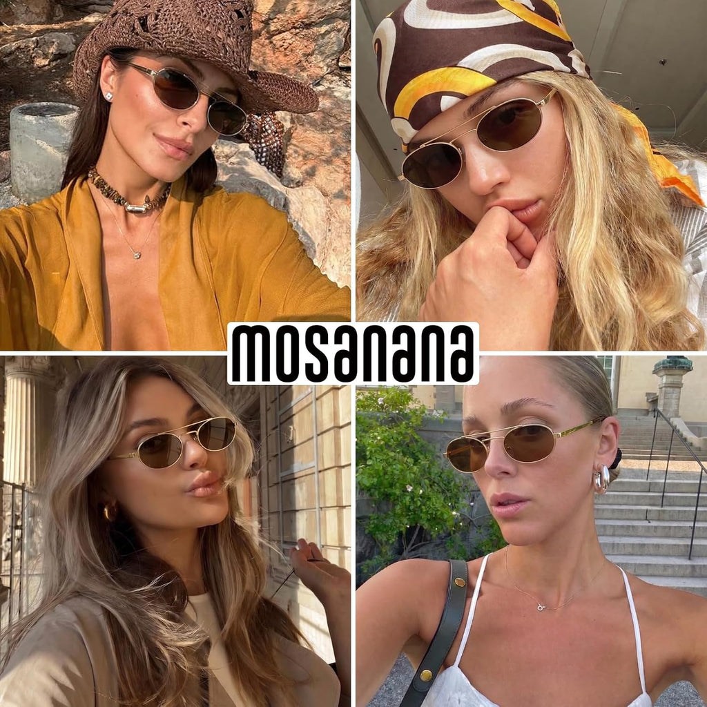 mosanana Trendy Oval Sunglasses for Women Retro Small 90s Metal Style MS52588 C2 Gold/Brown